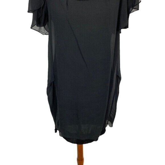 Black 100% Silk Sheer Flutter Sleeve Tunic Dress Womens Large Boho Minimalist - Picture 3 of 6